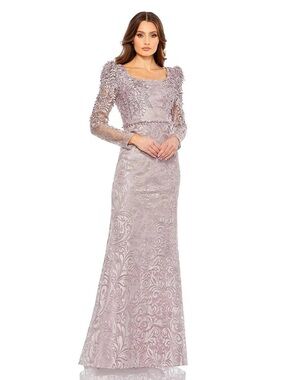 Mac Duggal 11187 Purple Long Sleeve Embroidered Applique Trumpet Gown Size 4 NWT